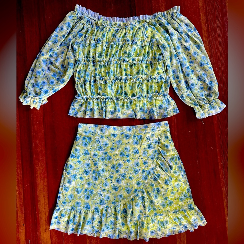 Green and blue floral summer skirt set